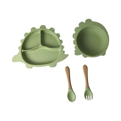 Het Silicone die van de dinosaurusvorm Werktuigen Geplaatst die Schotels eten voor Baby het Voeden worden aangepast